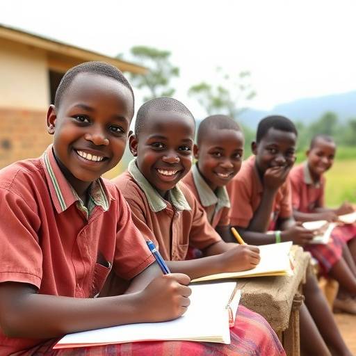 A group of smiling Ugandan students studying together outdoors