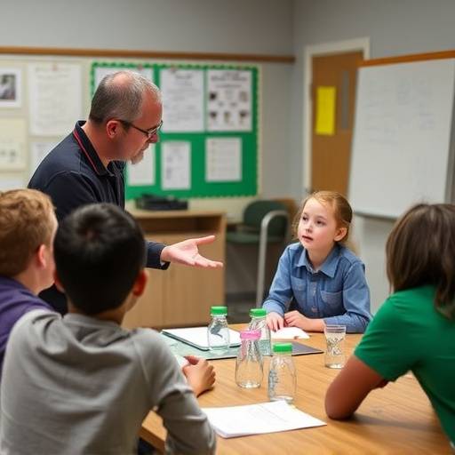 A teacher explaining a concept to students in a science lab