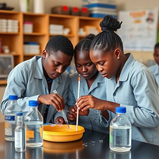 Secondary school students working together on a science project in a lab in Uganda