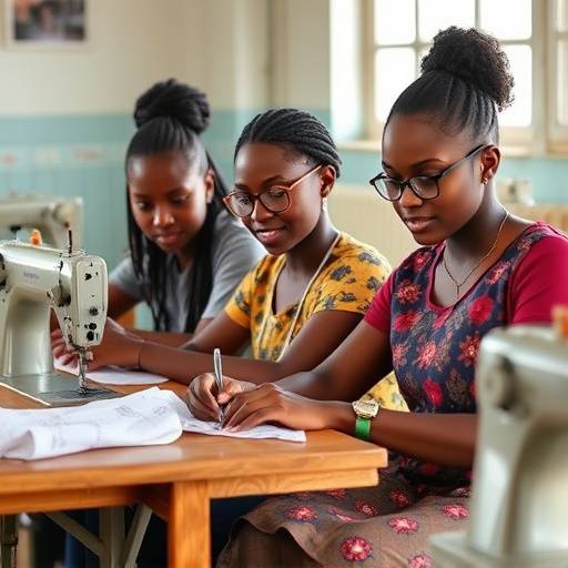 Students in a vocational training program learning tailoring and design in Kampala