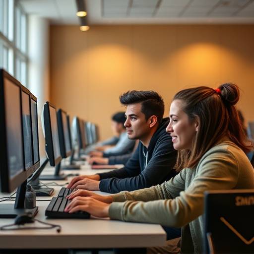 Students working on computers in a modern classroom setting